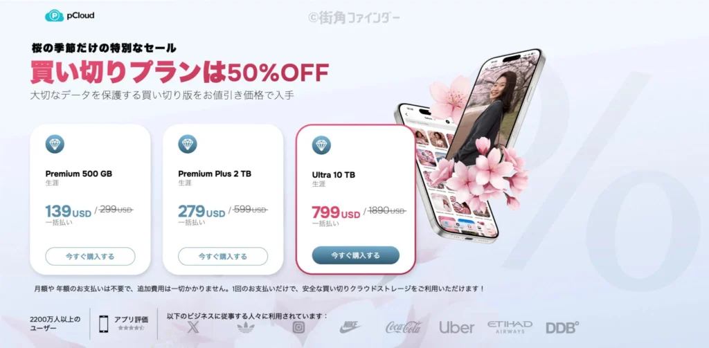 iCloud・Google Driveよりお得なpCloud買い切り（Lifetime）プランの料金表