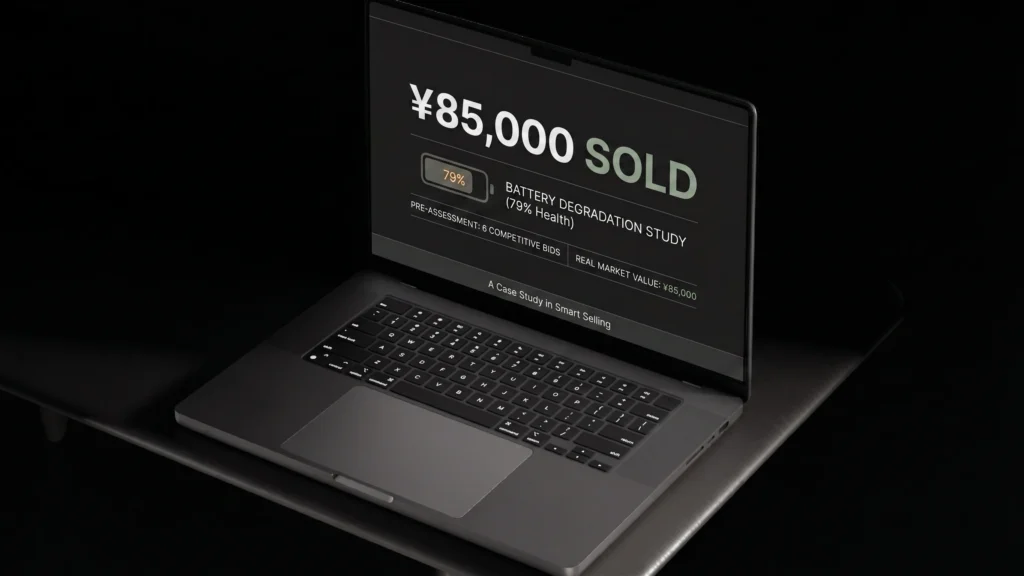 「バッテリー79％のMacBook Proはいくらで売れる？CTOモデルを6社でガチ査定してみた」のタイトルと、バッテリー劣化79％のMacBook Proが85,000円の買取価格で売れた実績を示すアイキャッチ画像。
