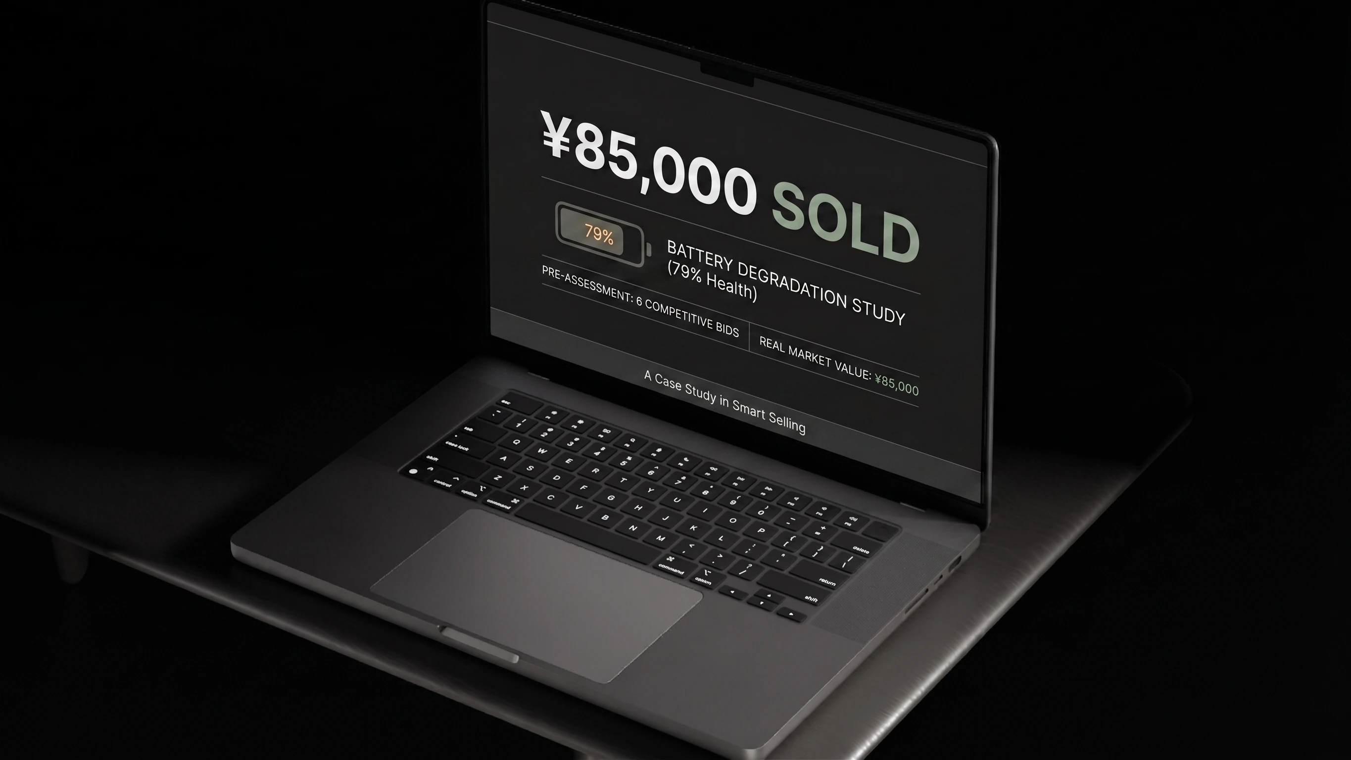 「バッテリー79％のMacBook Proはいくらで売れる？CTOモデルを6社でガチ査定してみた」のタイトルと、バッテリー劣化79％のMacBook Proが85,000円の買取価格で売れた実績を示すアイキャッチ画像。